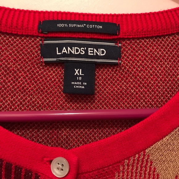 Land’s End Red Patterned Supima Cotton Cardigan - Picture 4 of 8